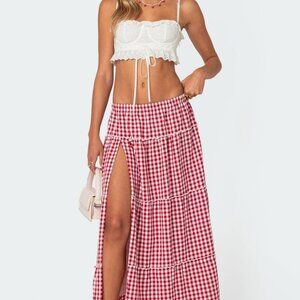 Edikted Red Gingham Maxi Skirt with Slit Size L